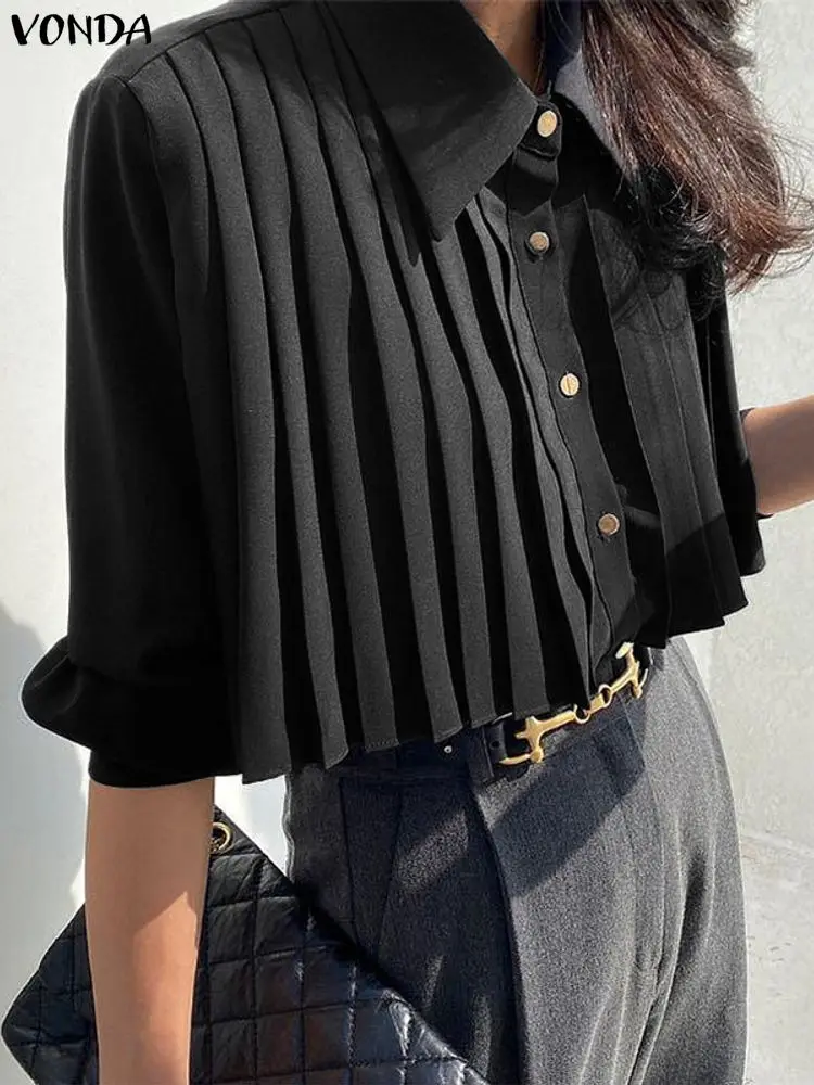 

Fashion Blouse VONDA Elegant Office Lady Women Shirt 2025 Long Sleeve Solid Color Autumn Pleated Ruffled Party Korean Blusas
