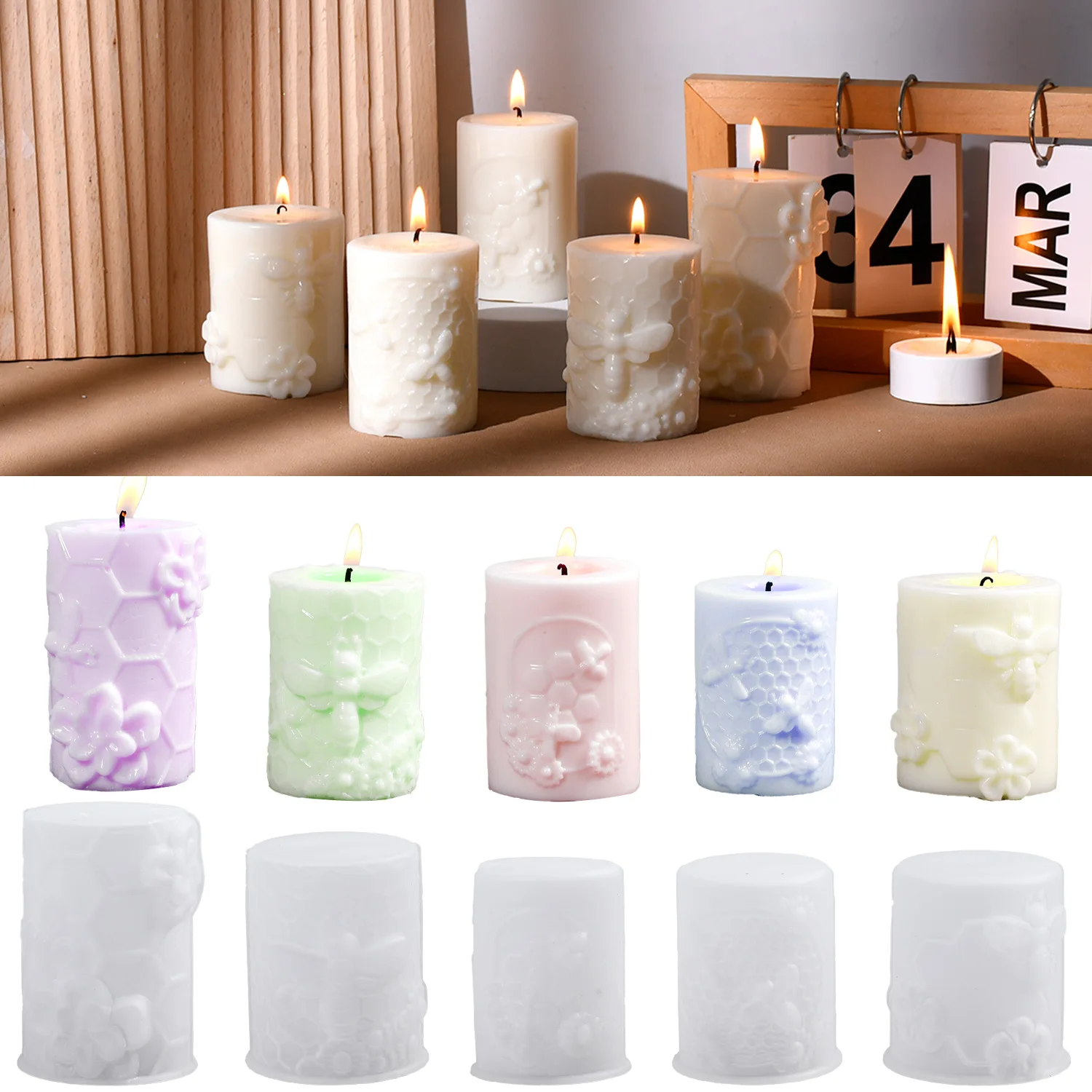 DIY Honeycomb Cylindrical Candle Aromatherapy Silicone Mold Home Candle Decoration Molds For Plaster Gypsum Making