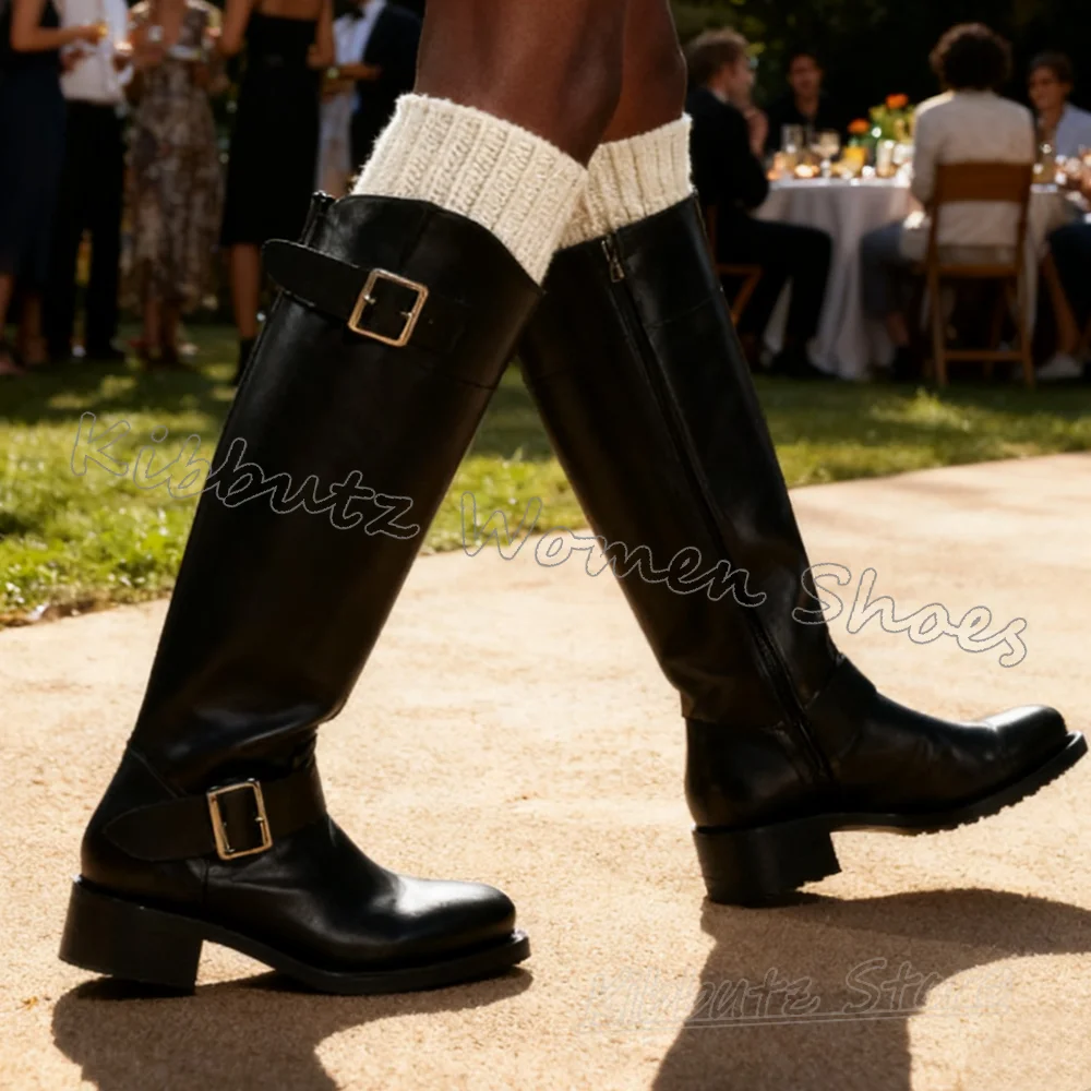 

Сапоги челси до колена, кожаные ботинки с пряжкой на ремне, круглый носок, массивные каблуки, модные роскошные элегантные лаконичные пикантные туфли для девочек
