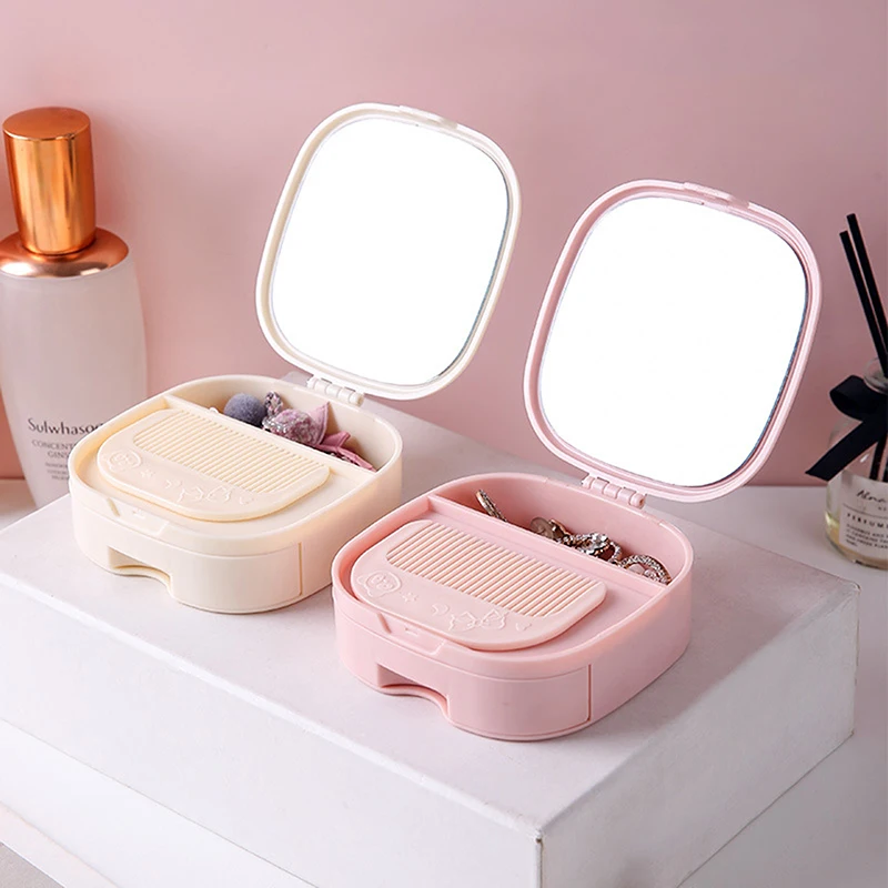 Hair Clips Storage Box With Makeup Mirror And Comb Desktop Folding Dormitory Princess Desktop Dressing Student Portable Mirror