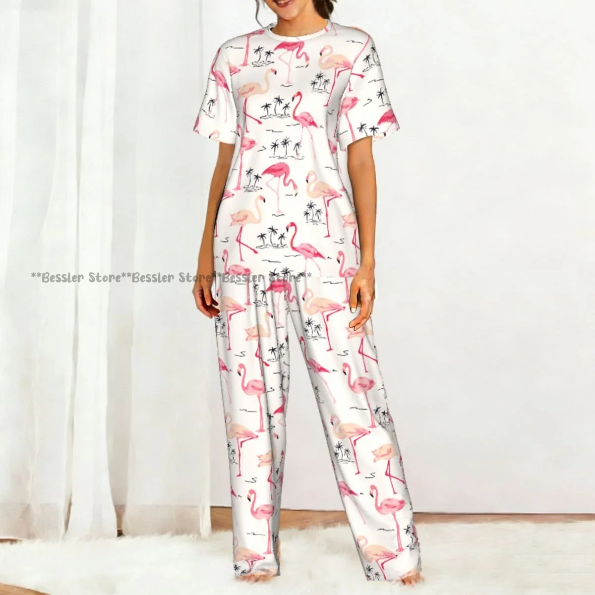 Flamingo Bird Retro Palm Tree Pajamas Set Short-sleeved Women Home Clothing view 5