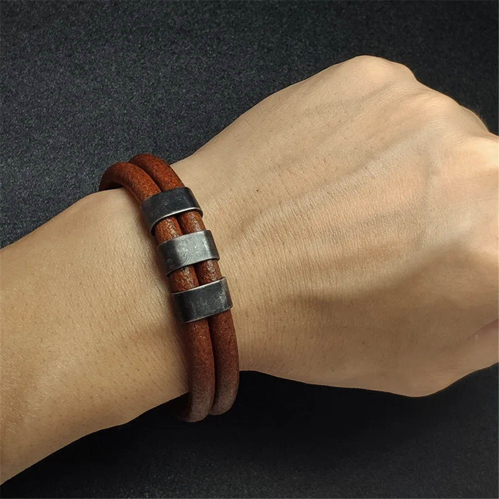 MKENDN Vintage Oxidized Black With Double Strand Primary Color Cowhide Bracelet For Male Jewelry Accessories Gifts