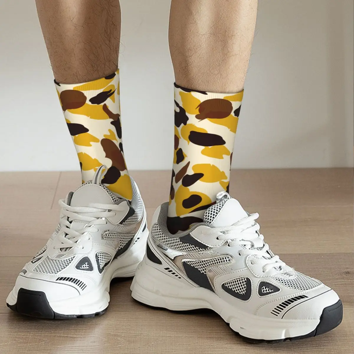 Male Camouflage Yellow Socks Comfortable Casual Socks Novelty Merch Middle TubeCrew Socks Birthday Present