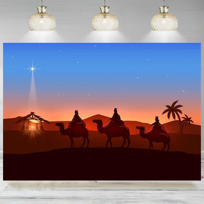 Nativity Epiphany Backdrop Three Wise Men Desert Camel Birth of Jesus Manger Photographic Background Christmas Banner