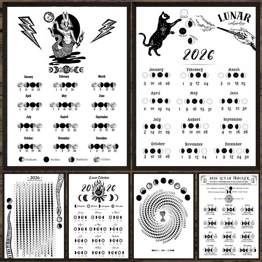 

Moon Phase Calendar 2026 Wall Art Canvas Painting,2026 Lunar Calendar Minimalist Astrology Witchy Gothic Art Poster Print Decor