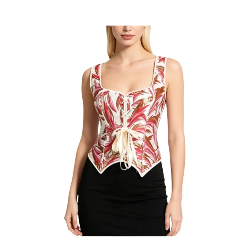 

Women Pink Palm Leaf Jacquard Corset Top Square Neck Front Lace Up Cropped Waist Cincher Bustier