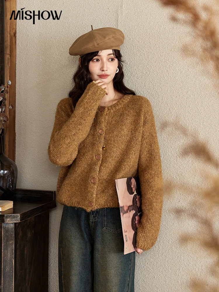 MISHOW Wool Knitted Cardigan Women O-Neck Single-breasted Long-sleeved Sweater Fall Winter French Casual Thin Jacket MXD46Z0830