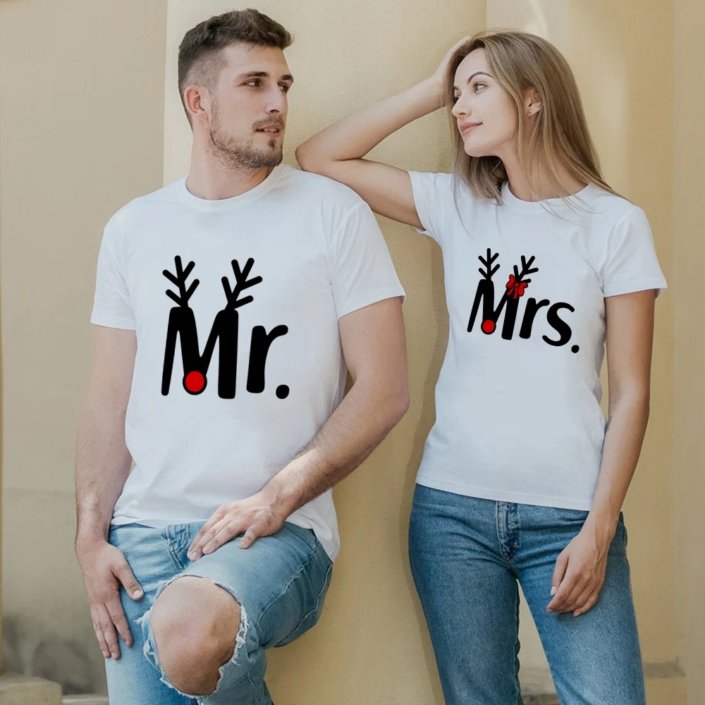 Mr and Mrs Christmas Tshirt Fashion Casual Mr and Mrs Xmas T-shirt Clothes Harajuku Top Tees Streetwear Female Couples T Shirt