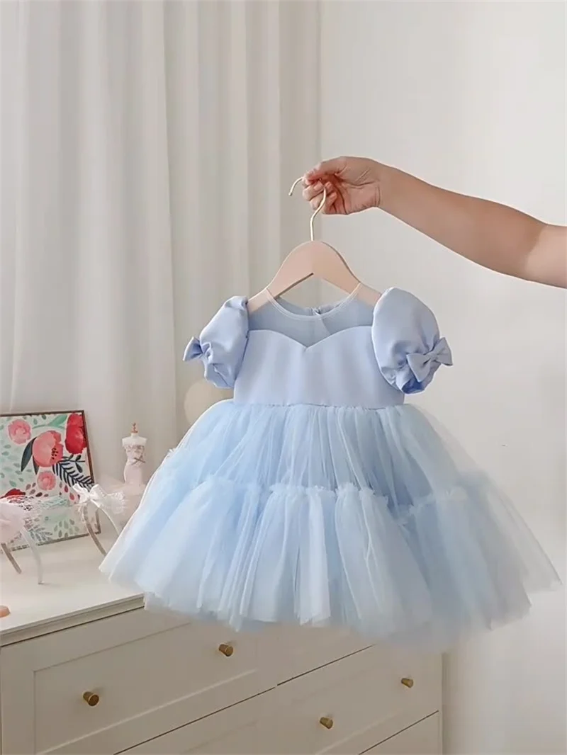 Baby Kids Princess Satin Tulle Bow Flower Girl Dress Children First Communion Dress Ball Gown Wedding Party Dress Birthday