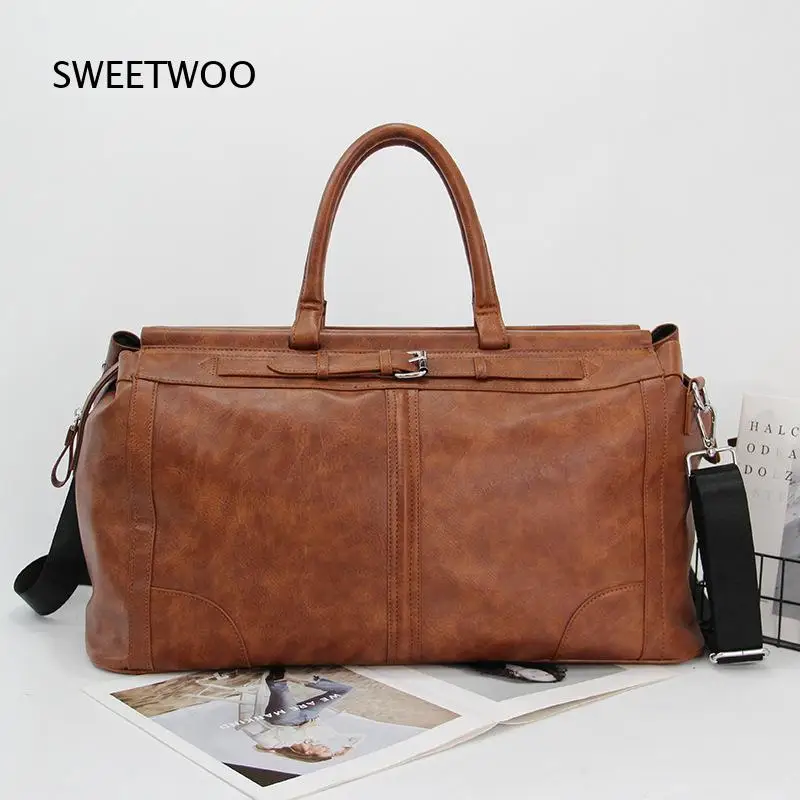 Large Capacity Men Faux Leather Weekender Bag Vintage Travel Overnight Handbag Casual Luggage Bag
