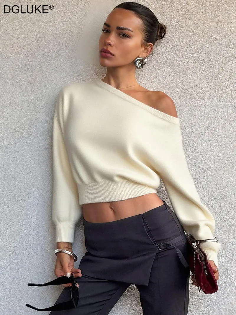 

DGLUKE Off Shoulder Cropped Sweater Woman Slash Neck Batwing Sleeve Knitted Sweater Fall Winter Y2K Crop Yop