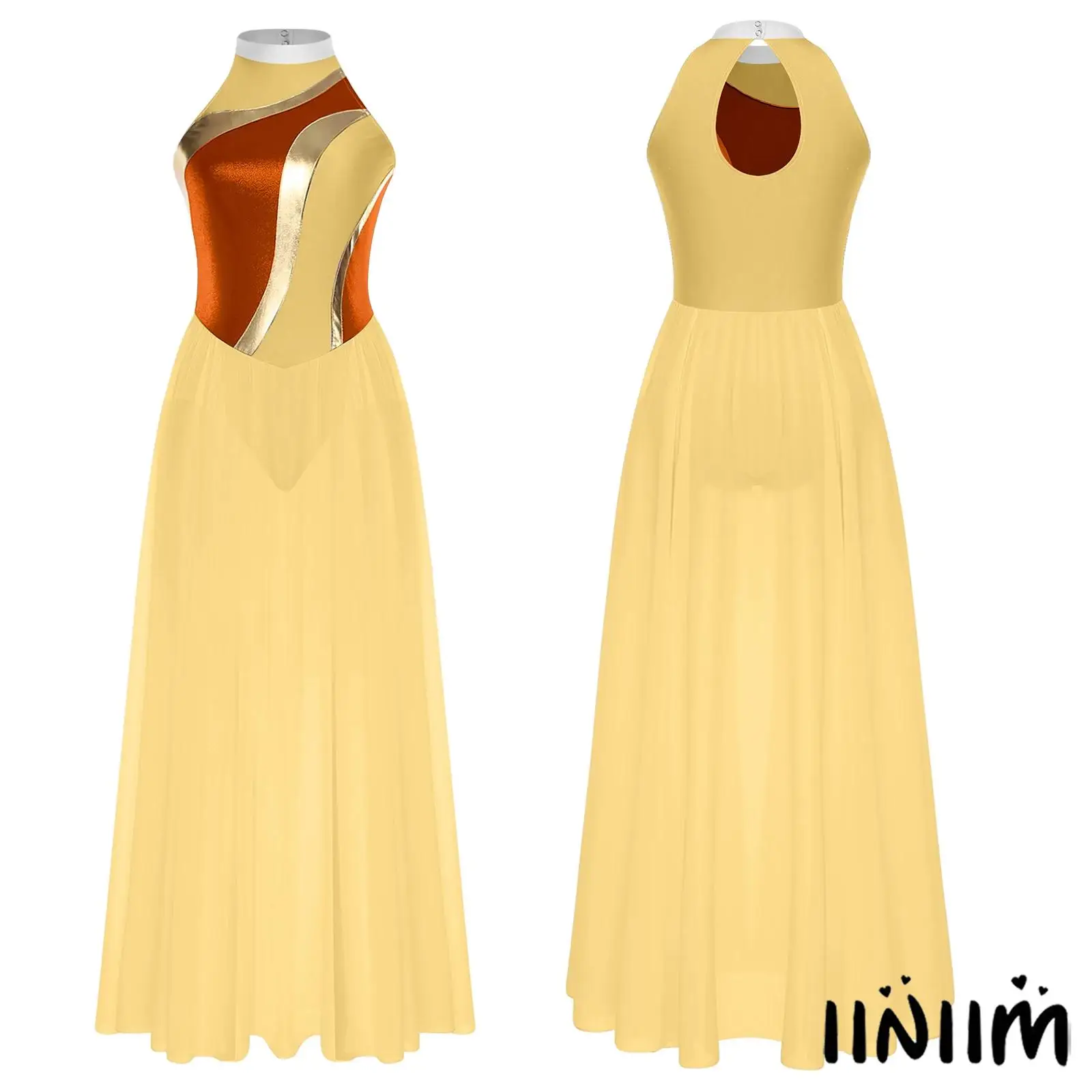 

‌Womens Elegant Halter-Neck Dance Dress with Chiffon Skirt Color-Block Patchwork Design for Lyrical Contemporary Performances