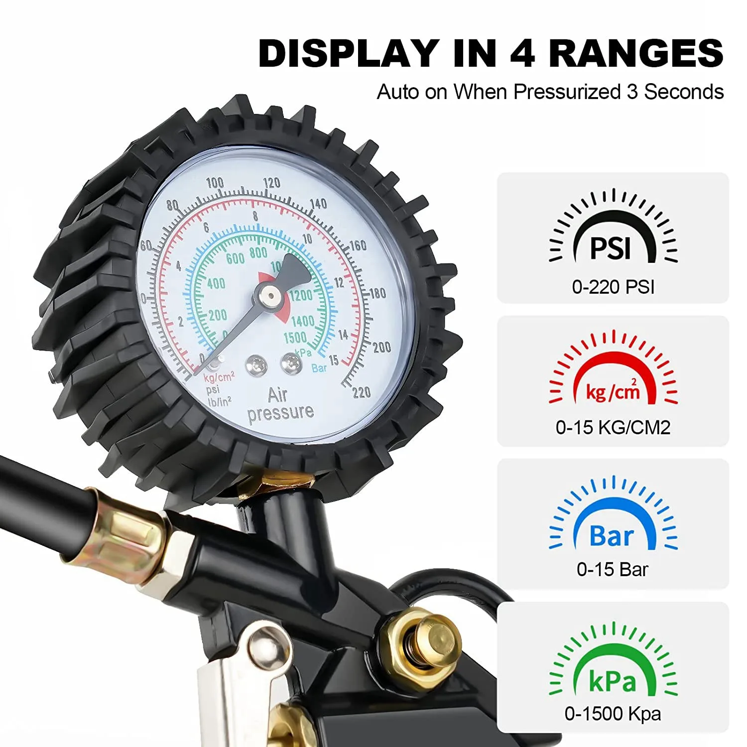 Tire Pressure Gauge 2200 PSI Tire Inflator Gauge Vehicle Monitor Tool Valve Cap ressure Gun Type For Air Compressor Durable