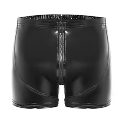 Mens Sexy Below Open Zipper Crotch Boxer Shiny Leather Underpants Elastic-wasit Male Short Latex Pants Bulge Pouch Crotchless