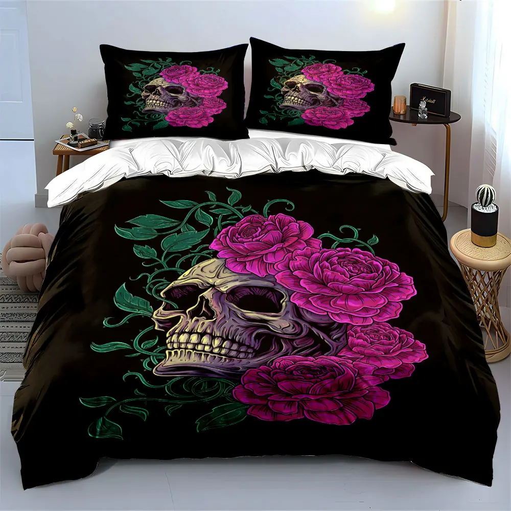 Skull and Rose Pattern Quilt Cover Print Bedding Set 1 Duvet Cover 2 Pillowcases for Adult and Children Luxury Gift Full Size
