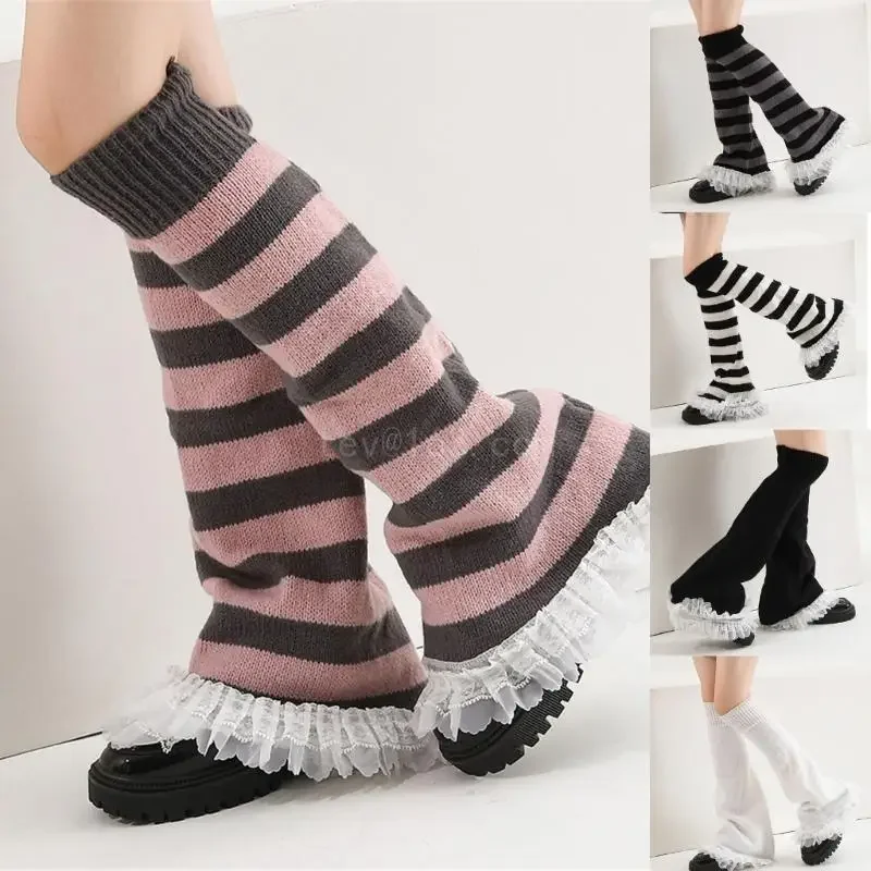 

Women Girls Harajuku Knit Striped Leg Warmer Knee Length Socks Japanese Ruffled Lace Trim Leg Sleeve Flared Boot Covers