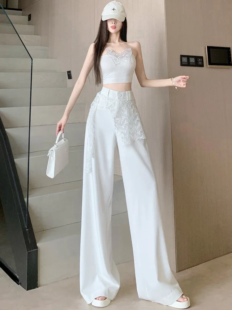 Pantaloni a gamba larga da donna in pizzo bianco, design estivo, pantaloni a gamba dritta alla moda a vita alta in due pezzi finti