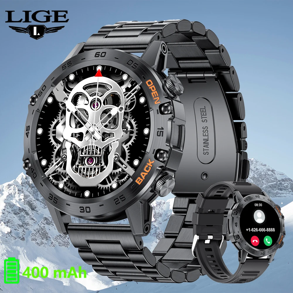 

Мужские умные часы LIGE, военные часы для занятий спортом на открытом воздухе, мониторинг здоровья, Bluetooth-вызовы, водонепроницаемые, умные часы с AMOLED-экраном
