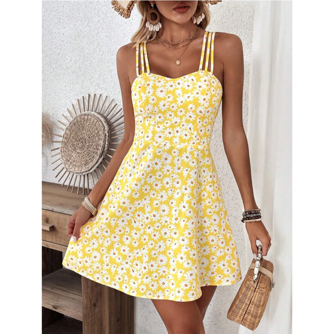 

2025 Summer European And American Women's Casual Vcay Women's Yellow Floral Print Sling Dress