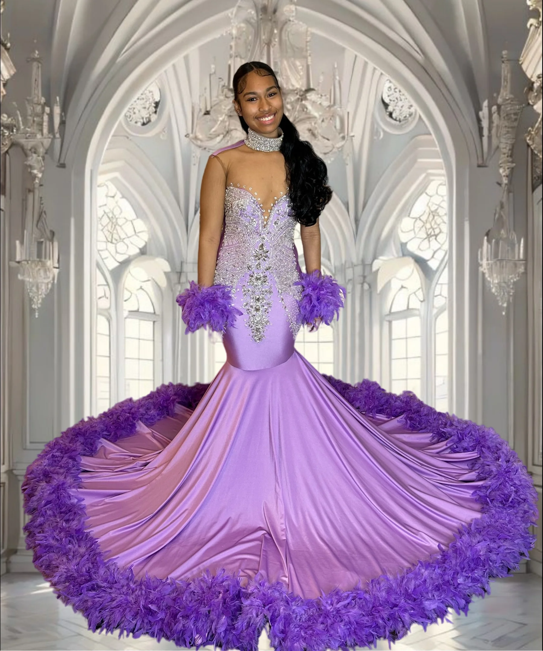 

Crystal Prom Dresses Long for Women 2025 Feather Beading Diamond Satin Formal Evening Gowns Lilac Customized