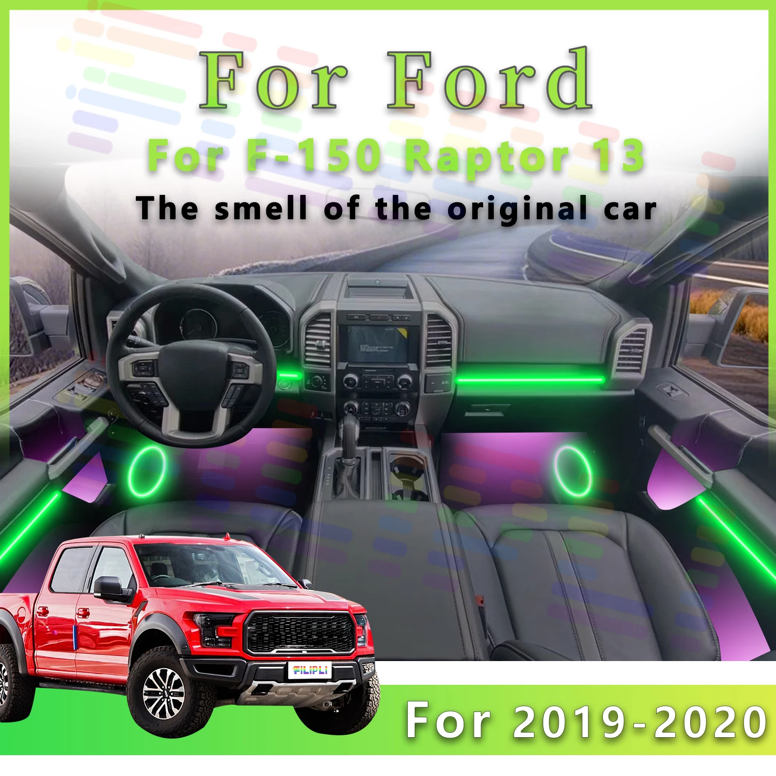 

Для Ford F-150 Raptor 13-го поколения, внутренняя светодиодная лента окружающего освещения, 64 цвета, акриловая лампа с приложением, регулируемая вспышка и выцветание режимов