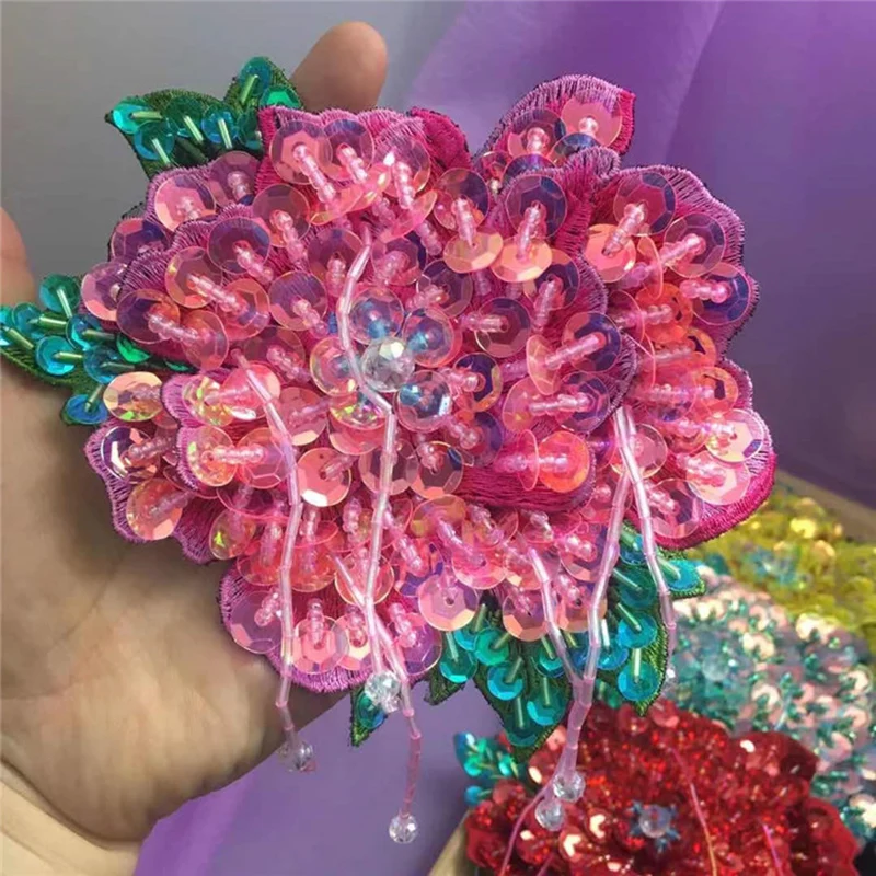 AHYONNIEX 1 Piece Sequins Tassel Beads Rose Flowers Patches Fashion Embroidered Sew On Patch for Clothes Hair Band Applique