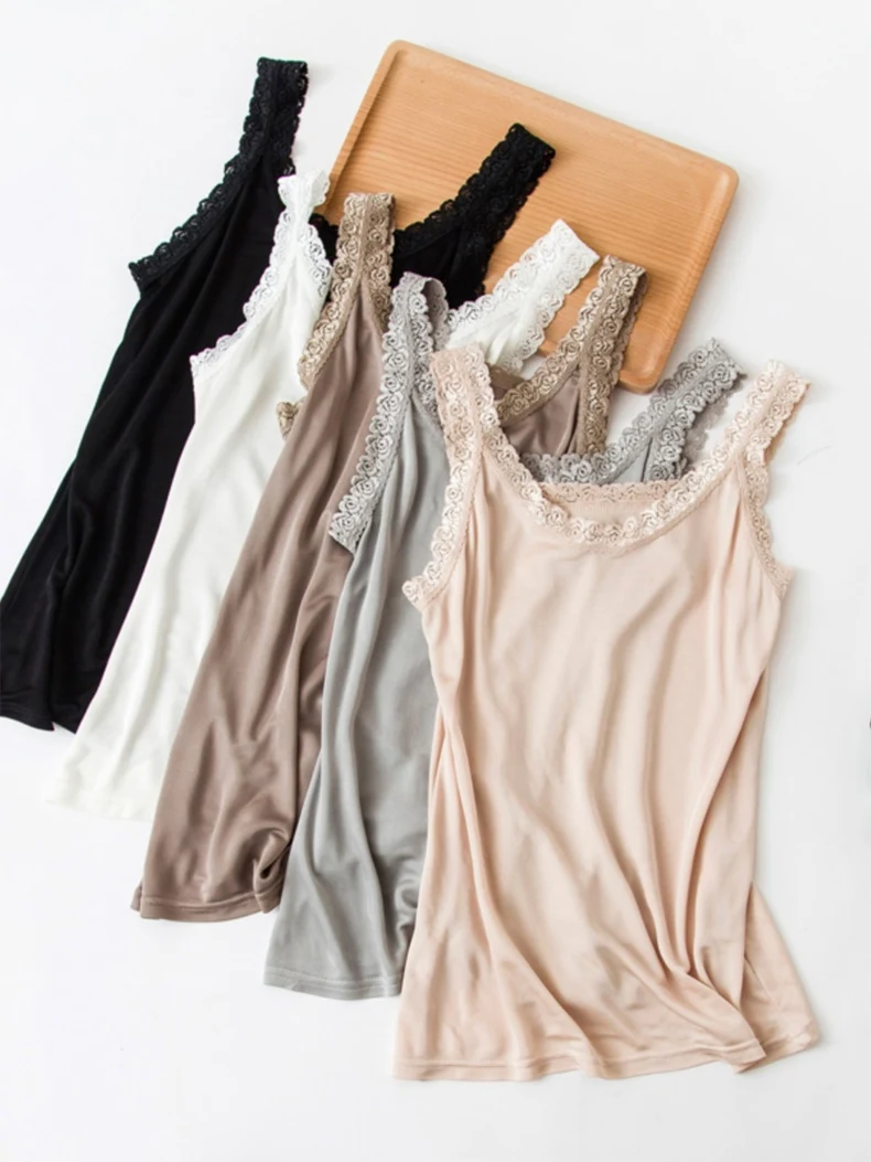 SuyaDream, Women silk camis, Lace Necklines, Solid and Cozy Camisoles, 2026 Spring Summer Basic Bottomings, Soft Top