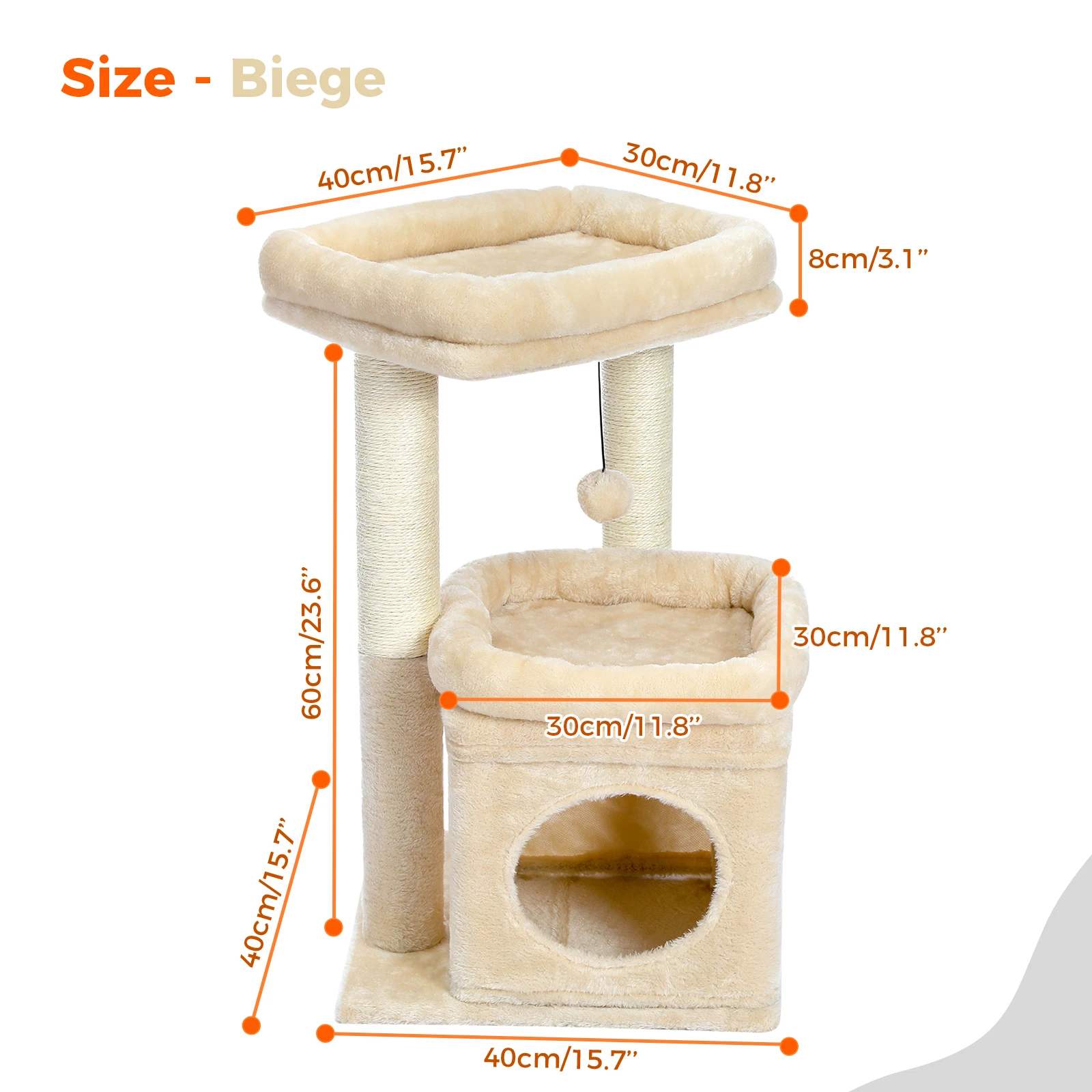 Cat Tree Tower for Indoor Cats with Private Cozy Cat Condo Natural Sisal Scratching Posts and Plush Pom-pom for Small Cats