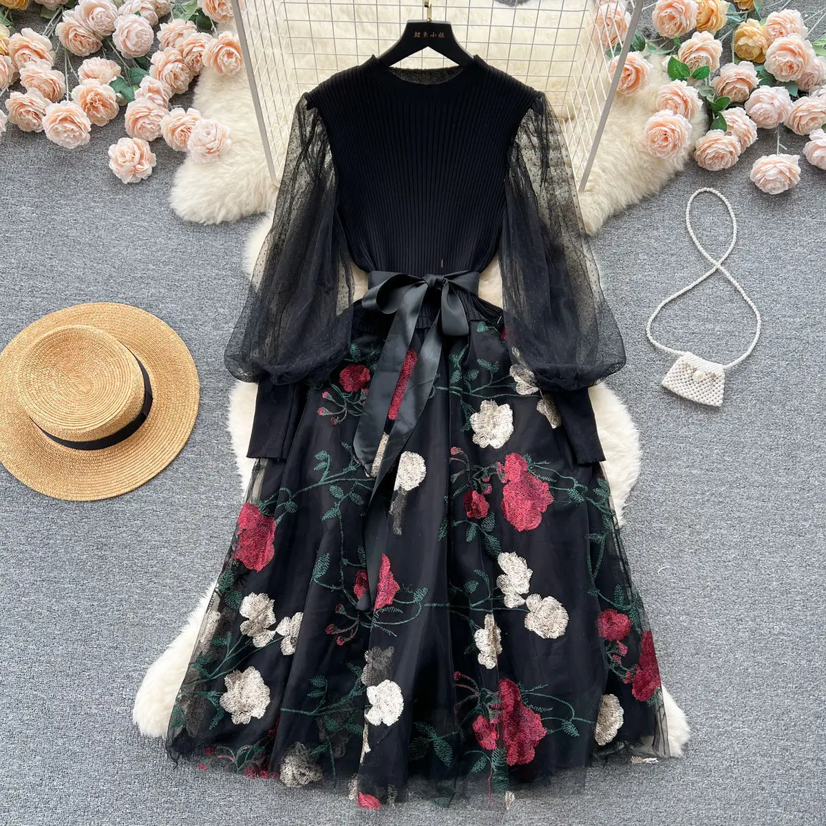 

Knit Dress Women Long Dresses A Line Vestidos Embroidery Floral Round Neck Party Night Elegant Y2k Lace Up High Waist 2025