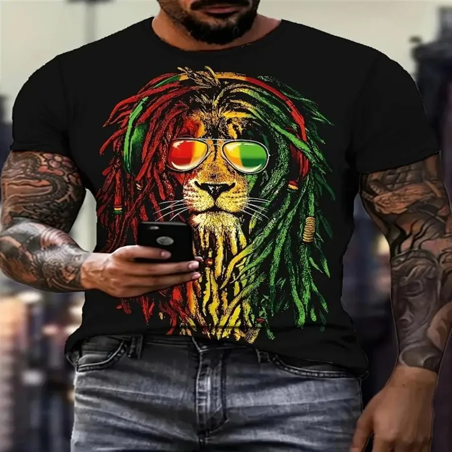 【Nuevo estilo】Camiseta con estampado de danza del león para hombre - Ropa urbana de hip hop de manga corta con cuello redondo y tela transpirable de mezcla africana