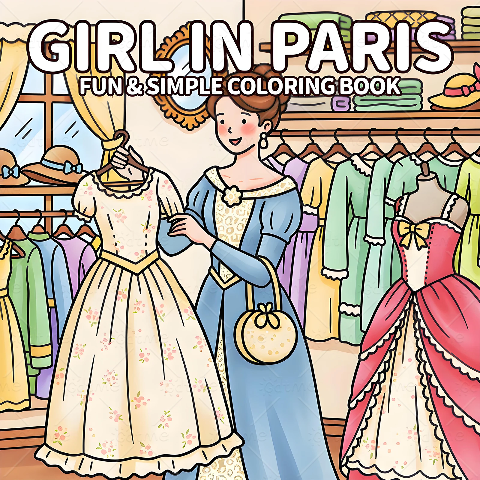 Paris Ladies Vintage Clothing Bold-easy Patterns Coloring Book for Adults Cute Drawing Book Perfect Gift for Party and Birthday