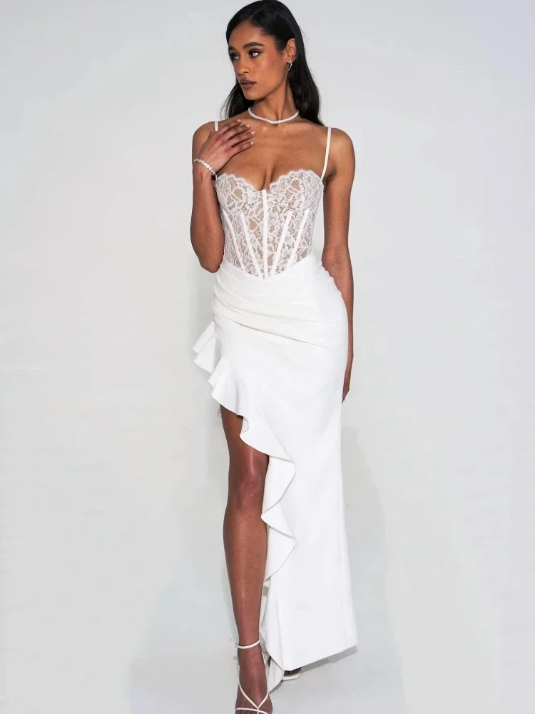 

JONN Sexy White Spaghetti Strap Lace Patchwork Long Dress Women Sleeveless Ruffles Split Dress Nightclub Evening Party Gown