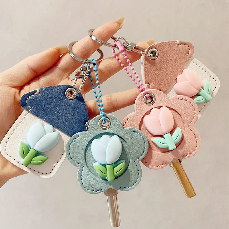 1pc Hot Sale Women Keychain Cartoon Tulip Pendant Sweet Kawaii Cute Leather Mini Card Holder Multifunctional Bag Charm Fashion