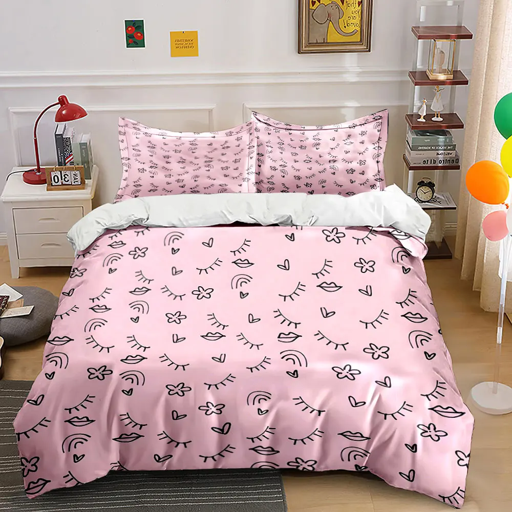 Pink background with cute doodles Duvet Cover Set with 3D Printing Design Soft Polyester Bedding Set All-Season Comfort