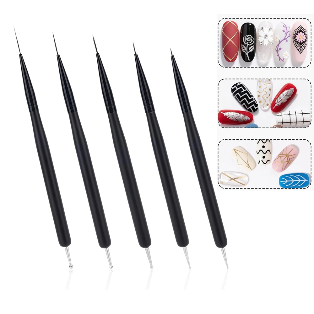 

5PCS Set Double-End Nail Liner Brushes & Dotting Pen Tools for Manicure 7/9/11/15/22mm Professional Thin Detail Brush Painting