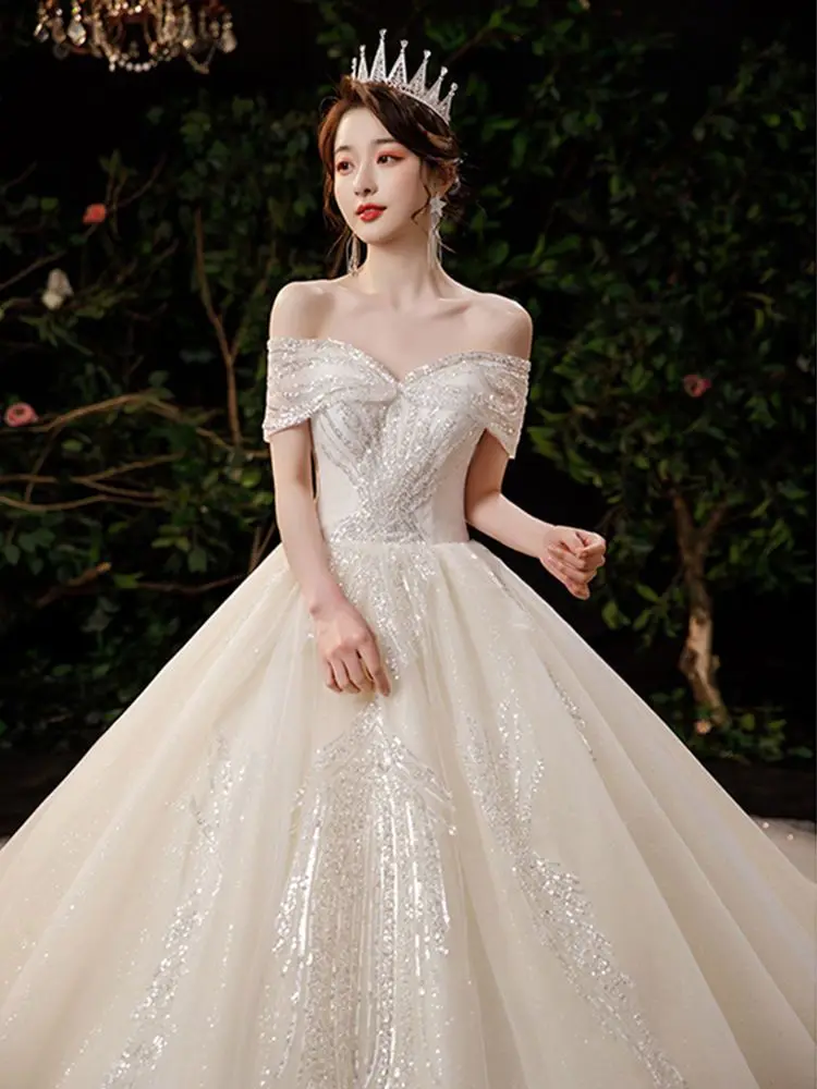 One word shoulder main wedding dress champagne new spring and summer bride high-quality texture small pregnant woman is thin and