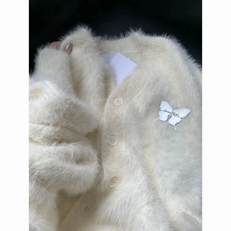 Imitation Mink Fur Cardigan Butterfly Wool Knitted Sweater Women's Autumn and Winter Clothing Soft and Loose Jacket Top