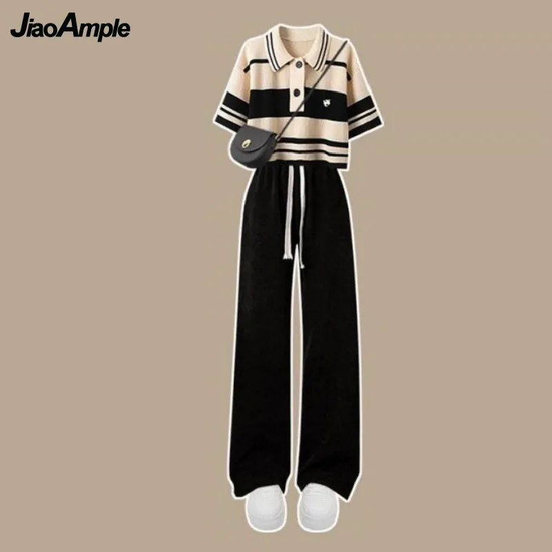 Women\'s Summer Tracksuit 2023 New Fashion Stripe Short Sleeve T-shirt+Casual Pants Two Piece Korean Elegant New Matching Set