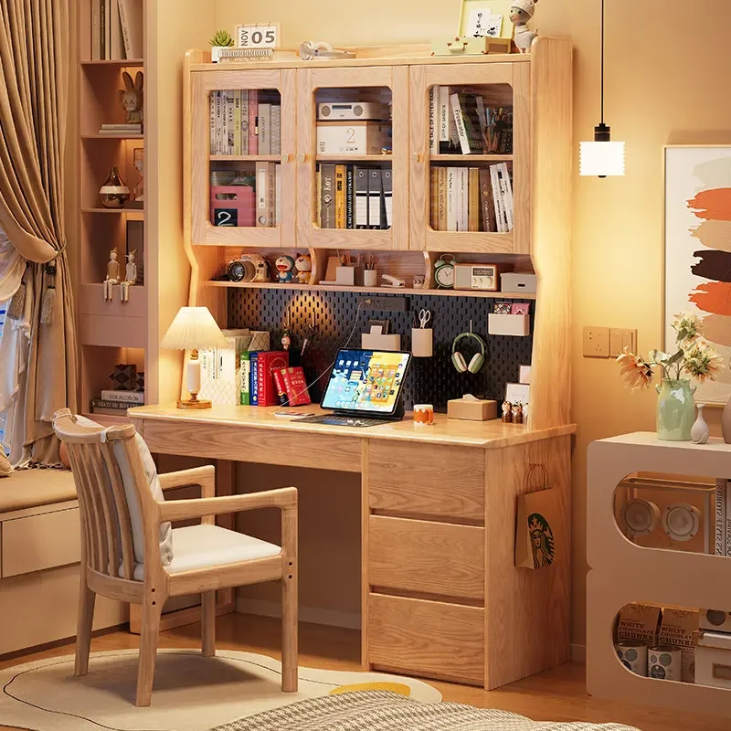 #Cream Style Solid Wood Modern Desk Bookshelf Combo with Drawers Socket for Bedroom Home Use Computer Writing Desk Chair