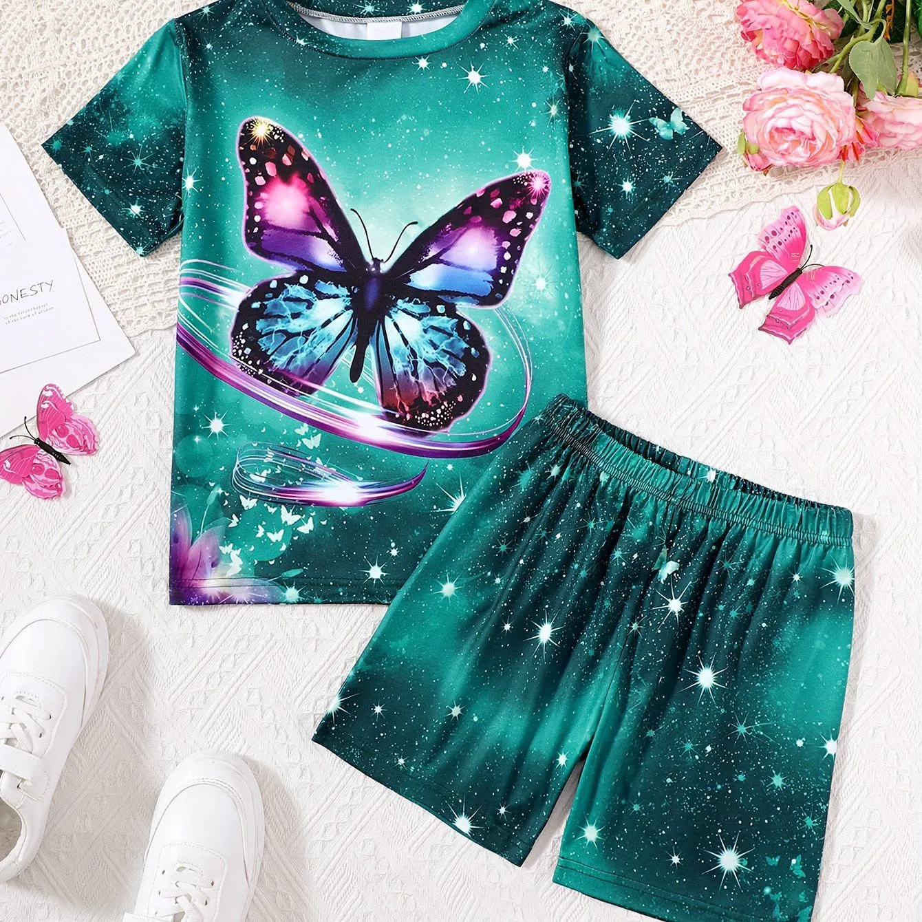Children\'s Clothing Set for Girls Short Sleeve Girl Shorts 3D Butterfly Print Casual Girls Summer Clothes Pink Children\'s Sets