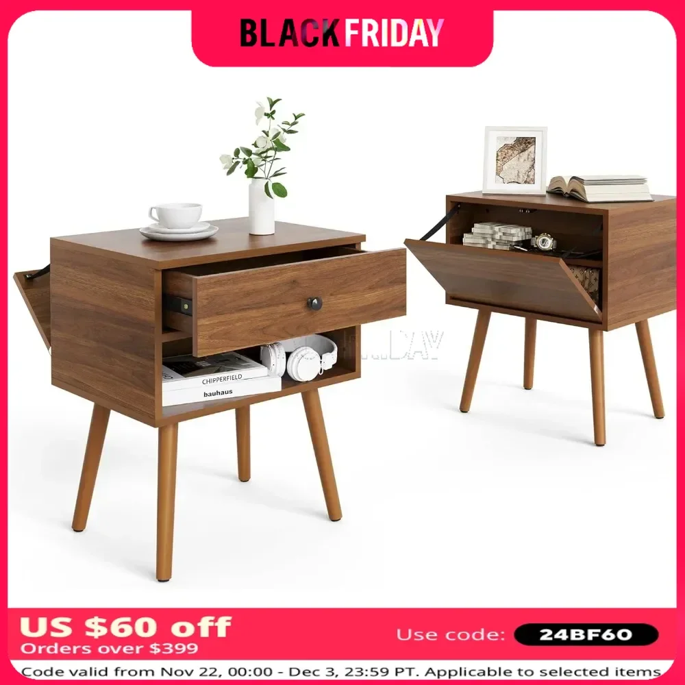 Night Stand Set 2 with Storage Drawer Bedside Table with Wood Legs Mid Century Modern Concealment Furniture End Table