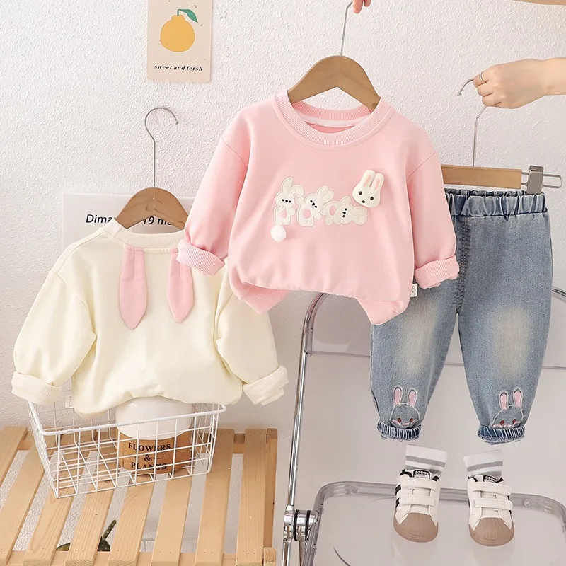 Spring Autumn Baby Girls Clothing Sets Children Long-sleeve T-shirt Jeans 2 Pieces Suit Cartoon Rabbit Infant Casual Sportswear