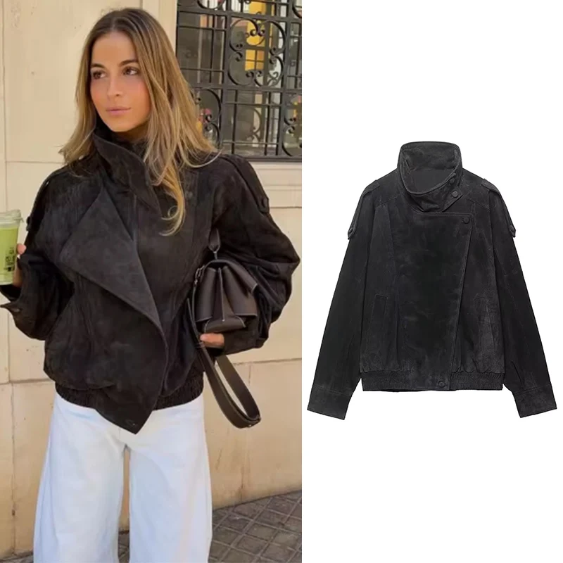 

Women's Jacket 2026 New Fashion Spring Black Fuax Leather Biker Jacket for Women Casual Chic Personality Outerwear