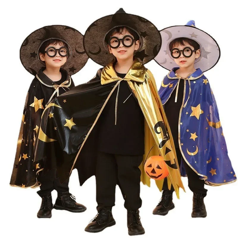 Feiticeiro cosplay para crianças, capa e conjunto de chapéu para meninos e meninas, bruxa mágica, dia das bruxas, traje extravagante, novo