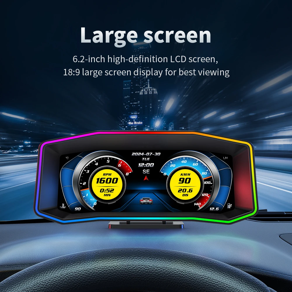

6.2 inch P4 Car Head Up Display OBD2 GPS On-board Computer Smart HUD Gauge Digital Speedometer RPM Water Temp Slope Meter Clock