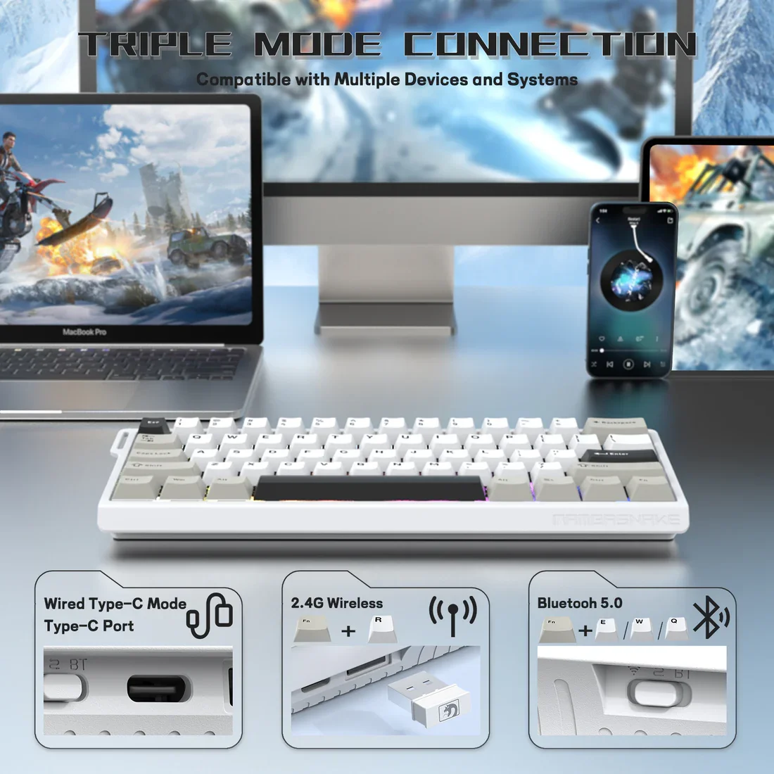 X60 HE Wireless Rapid Trigger Keyboard Magnetic Switch 2.4Ghz/BT/Wired Hot Swappable,RGB Backlight,8000hz Polling Rat