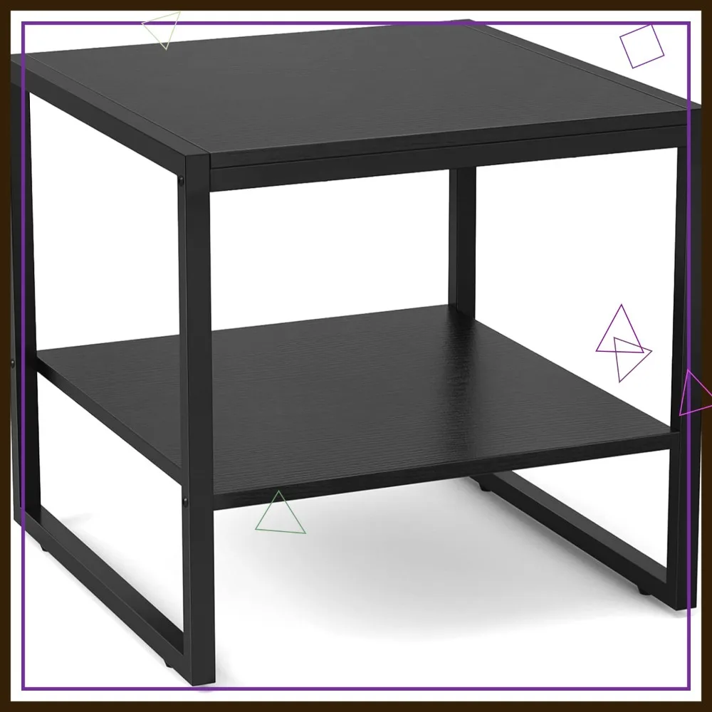 

20 Inch Square End Table with 2-Tier Storage Shelves, Industrial Wood Side Table for Living Room, Bedroom, Office in Black