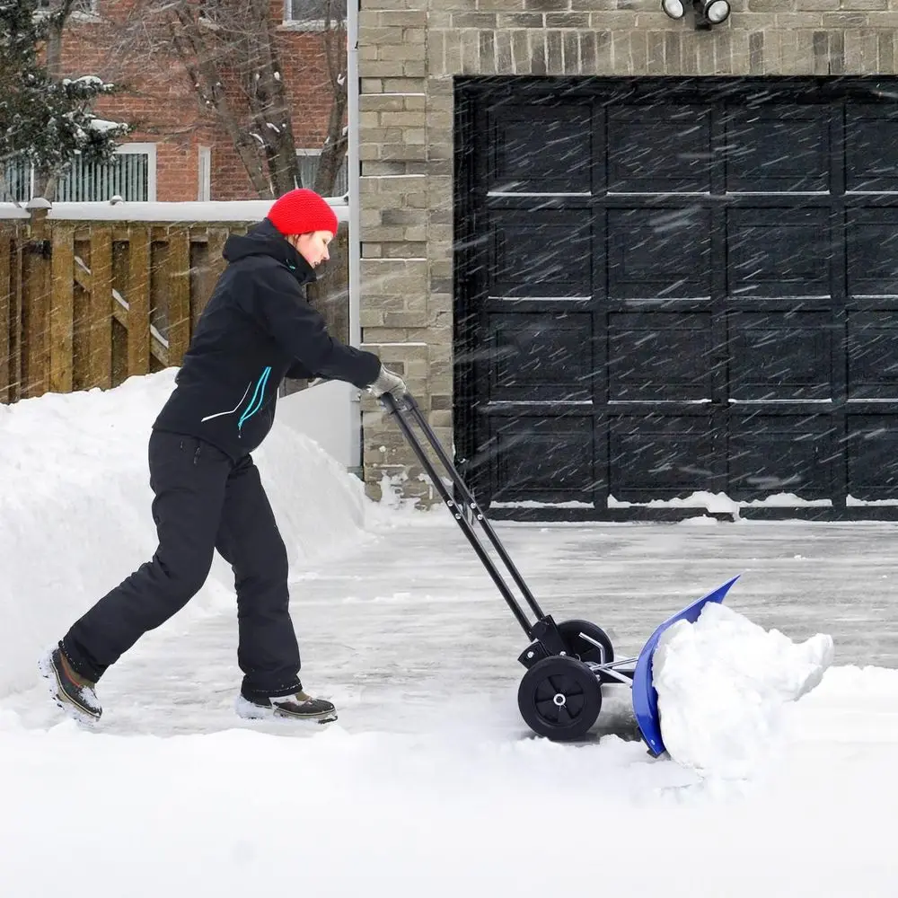 مجرفة الثلج للممر: معاول الثلج المعدنية ذات العجلات القابلة للتعديل لعام 2025 مع شفرة كبيرة مقاس 30 × 12 بوصة للثلج
