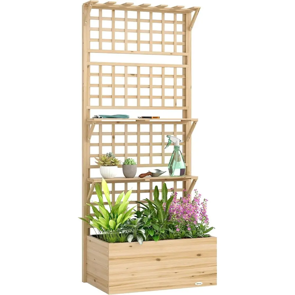 

Raised Wooden Garden Bed with Trellis, 2-Tier Planter, Drainage, and Liner for Vegetables and Climbing Plants