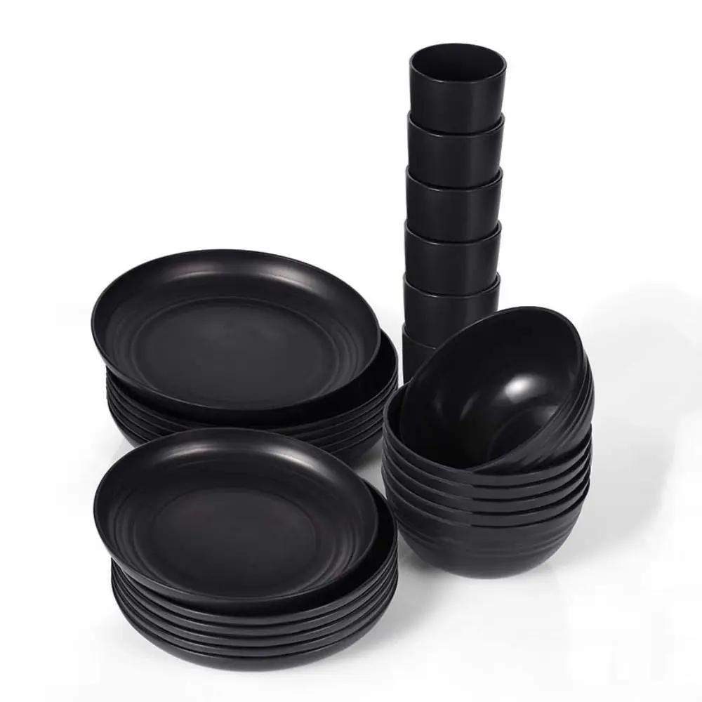 

16pcs Unbreakable Wheat Straw Cutlery Set Reusable Plastic Party Tableware Set Serves 4 Black/Beige Dinnerware Kits Camping